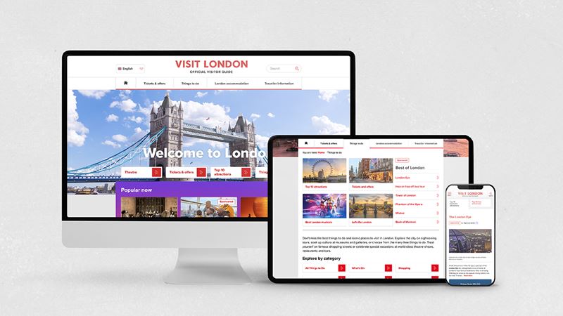 The visitlondon.com website homepage shown on desktop, tablet and mobile screens.