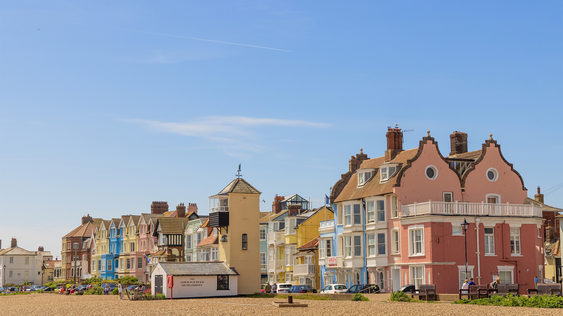 Aldeburgh, Suffolk. Image courtesy of Shutterstock. Colourful beachfront houses in Aldeburgh.