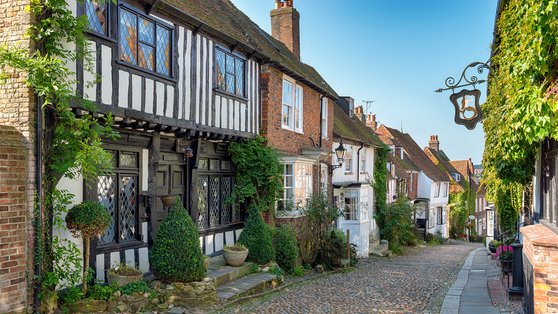Mermaid Street in Rye, East Sussex. Image courtesy of Shutterstock. Cobbled Mermaid Street in Rye, East Sussex