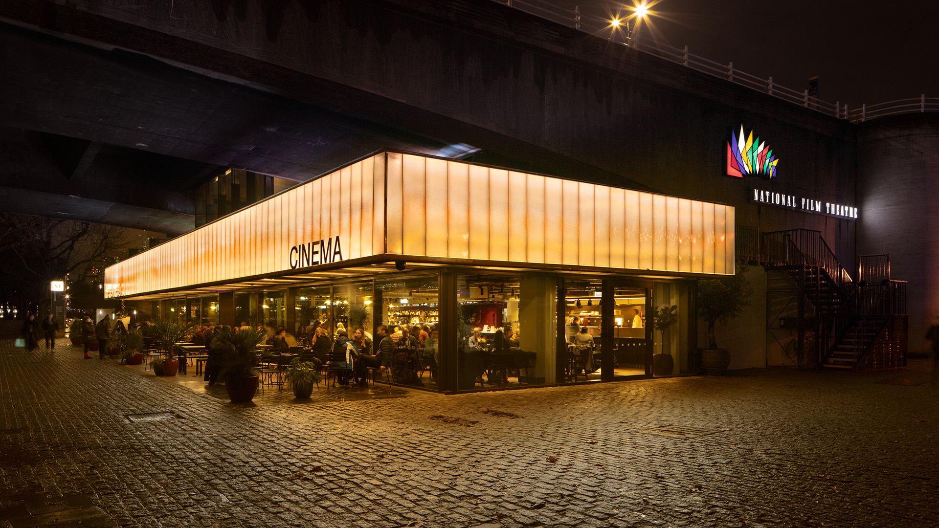 Exterior of BFI Reuben Library, South Bank. Image courtesy of Luke Hayes/BFI. Exterior of BFI on South Bank at night