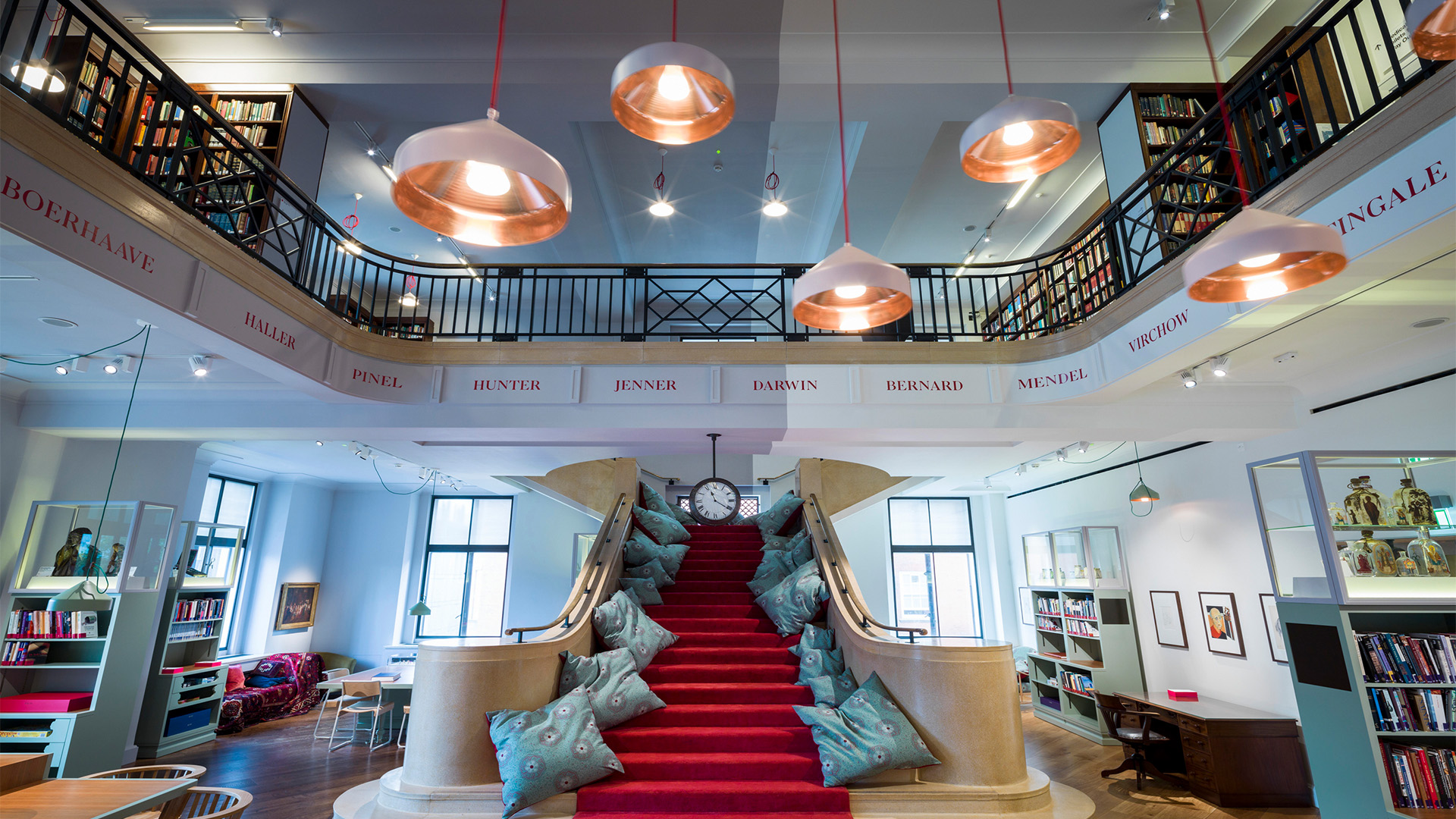 The Library at Wellcome Collection. Image courtesy of Wellcome Collection. Stairs are lined with cushions at Wellcome Collection