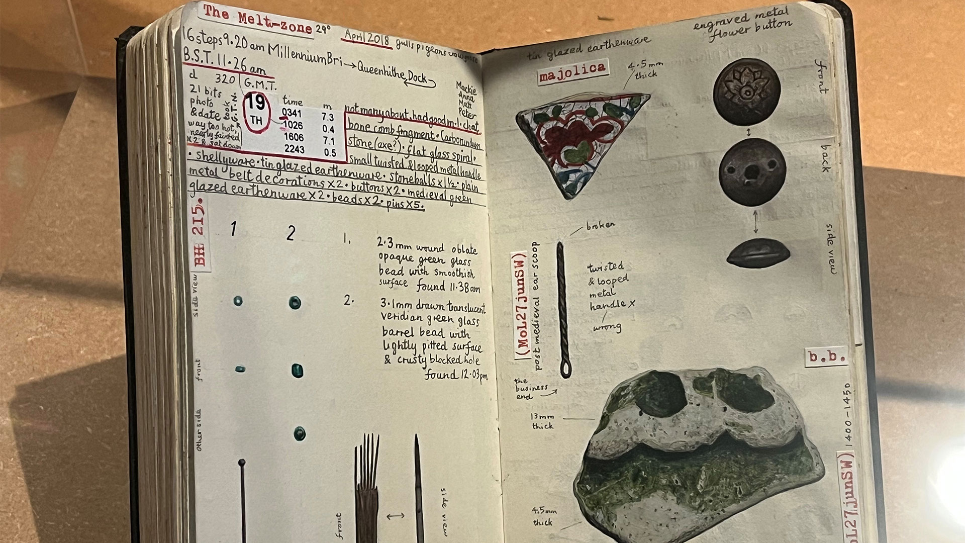 Learn more about mudlarks and their routines on the muddy banks of the Thames. Image courtesy of Carole Rocton. Opened page of a Mudlark journal recording location, date, tides, and objects found.