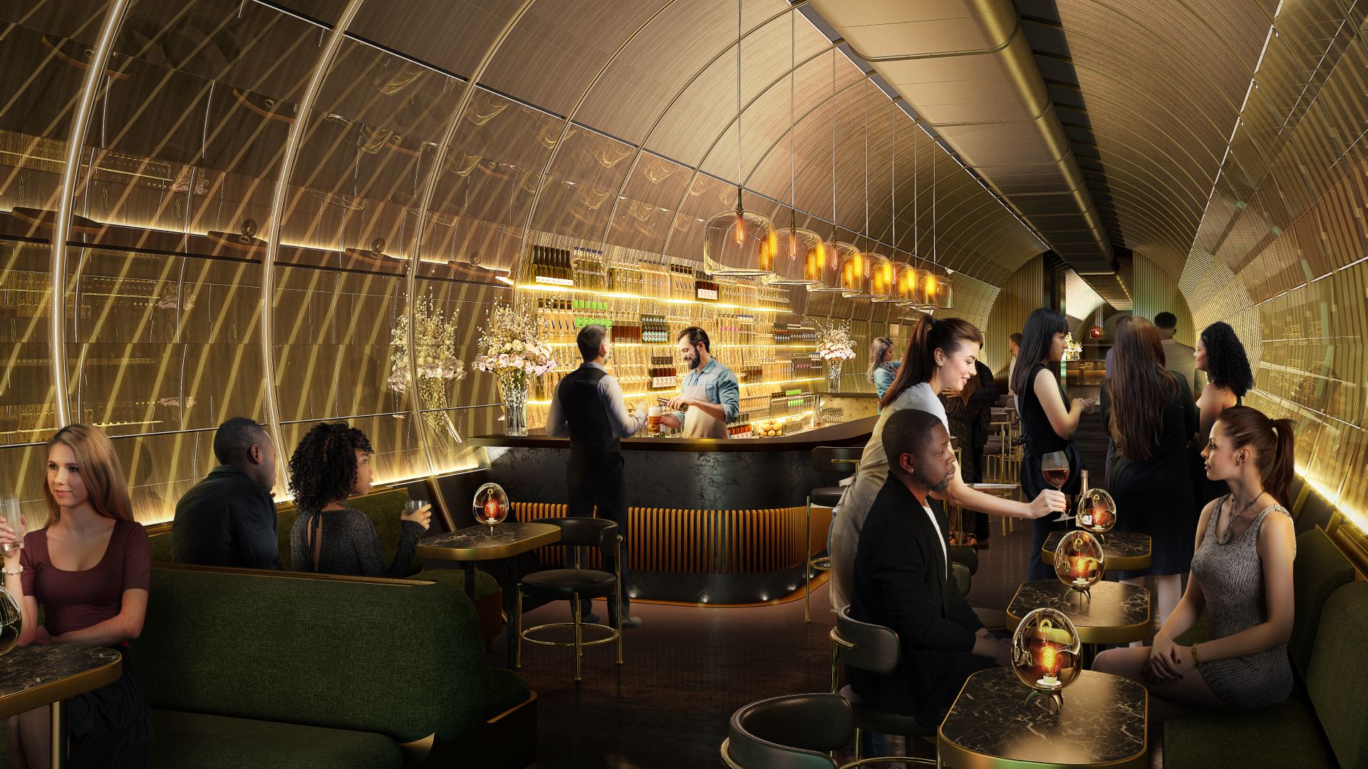 The London Tunnels plans include what is hoped to become the UK's deepest licensed bar. Image courtesy of The London Tunnels. A concept image of a bar within one of the tunnels at The London Tunnels, showing people sitting at tables and a bar area that stretches along the length of a tunnel,