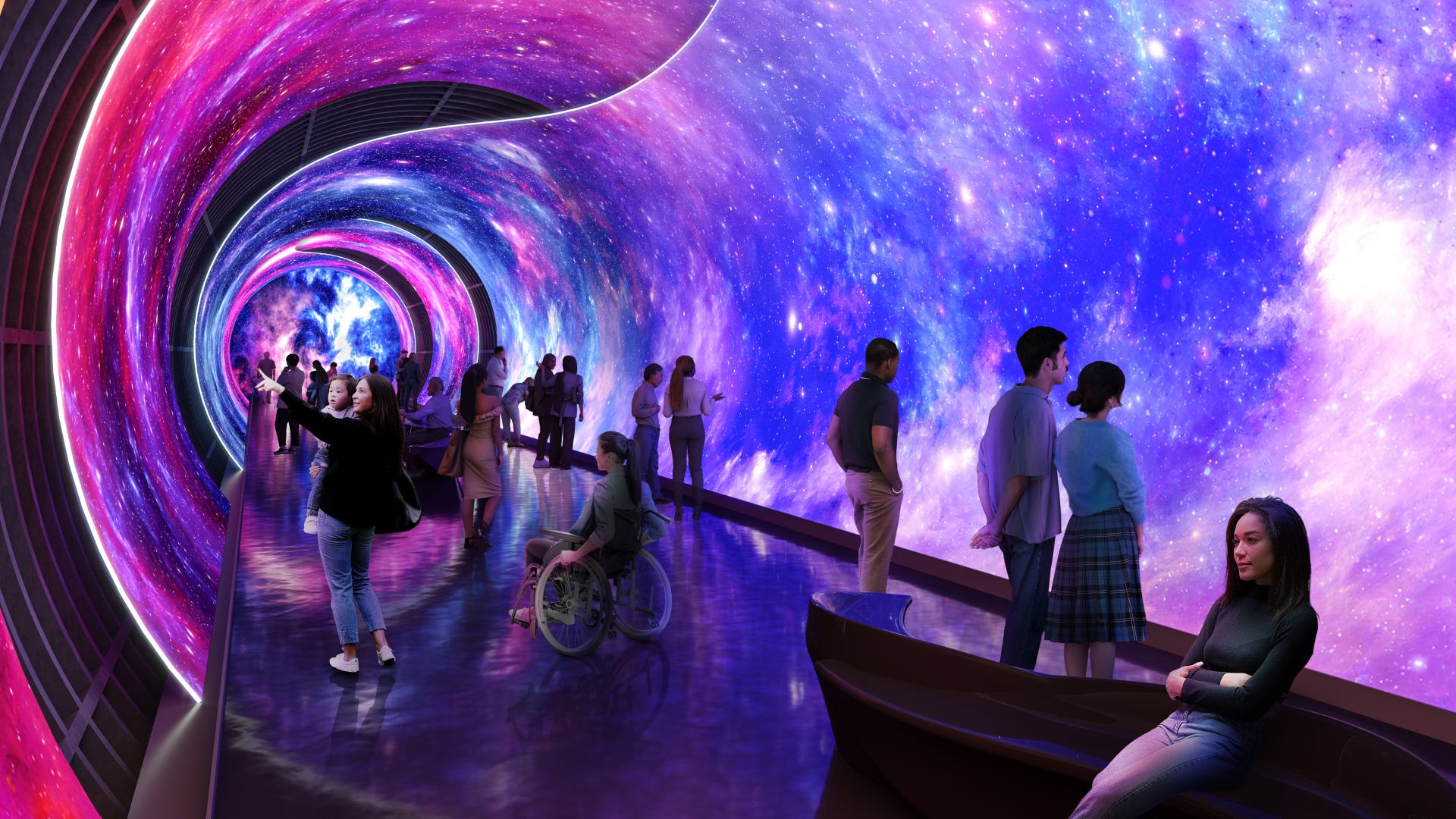 Cultural and heritage experiences will be created using large-scale digital screens that line the tunnels. Image courtesy of The London Tunnels. A concept image of a galaxy-themed display on screens lining a tunnel at The London Tunnels.