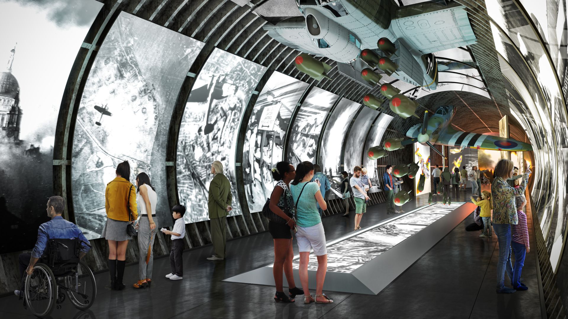 Enjoy experiences related to the history of the London Tunnels, including its role as a shelter during World War II. Image courtesy of The London Tunnels. Displays showcasing the heritage of the London tunnels line the walls, including a World War II plane suspended from the ceiling. Image courtesy of The London Tunnels.