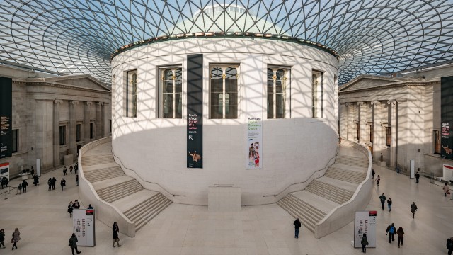 British Museum. Copyright: visitlondon.com/Jon Reid. Image courtesy of visitlondon.com/Jon Reid. Visitors wander through the glass-roofed atrium of the British Museum