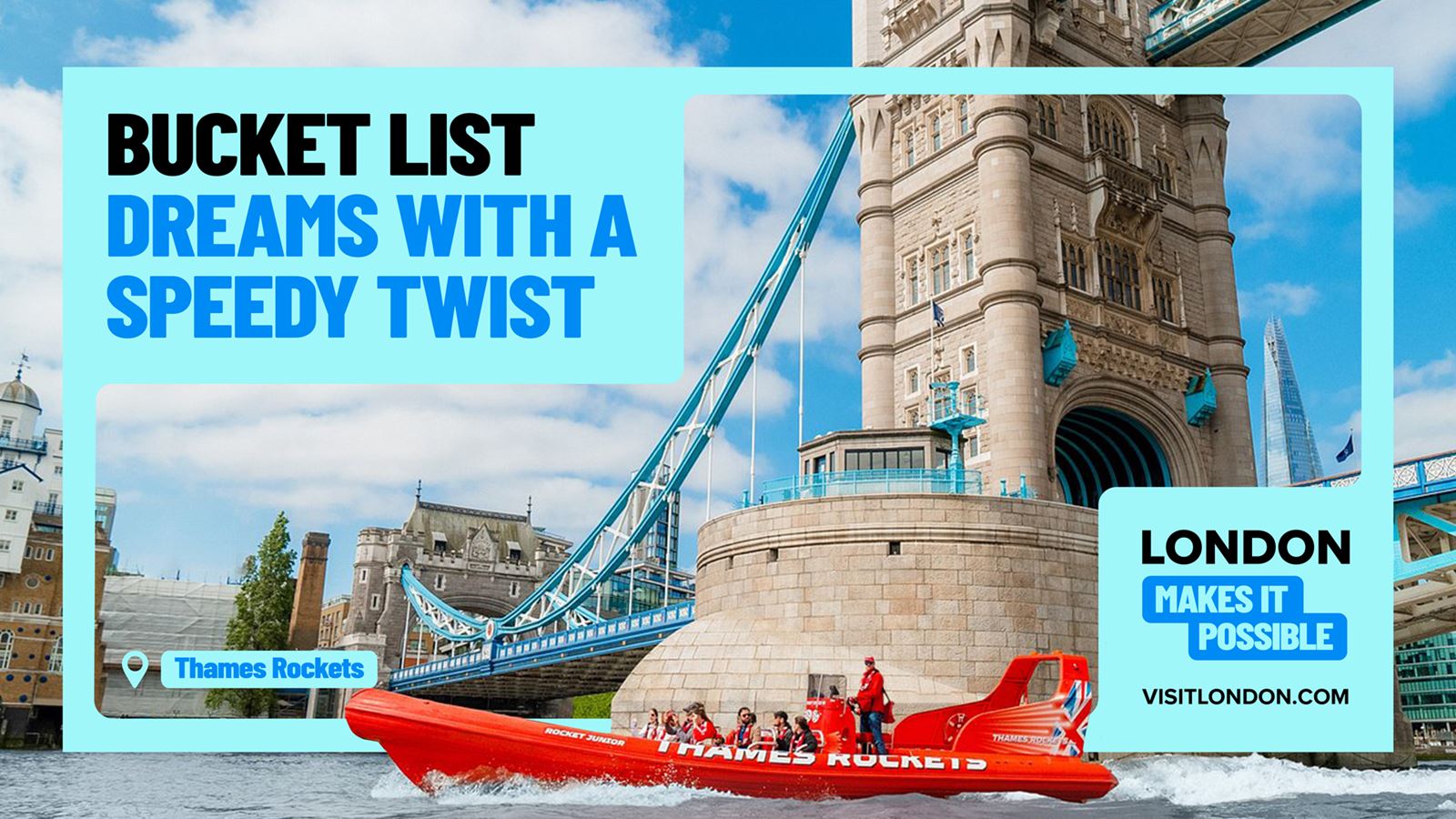 A group of people on a red Thames Rockets boat on the river Thames sailing underneath Tower Bridge with the words