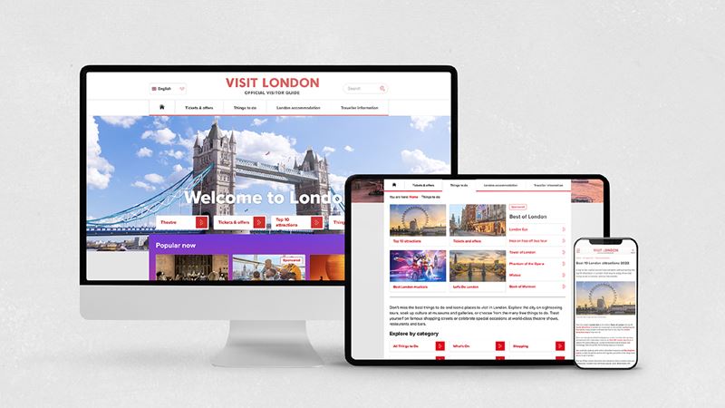 Desktop, tablet and smartphone screens displaying the visitlondon.com website.