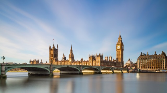 View of Big Ben and the Houses of Parliament from across the river with Westminster Bridge in the forefront
