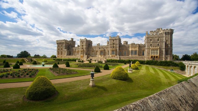 View of Windsor Castle and its manicured grounds.
