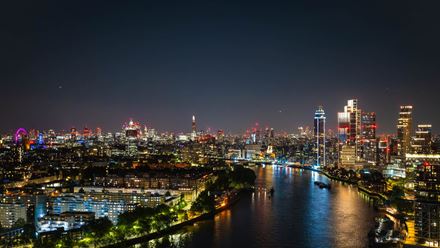 Enjoy a nighttime view of London's iconic skyline at Lift 109 at Battersea Power Station. © Lift 109/Joshua Atkins