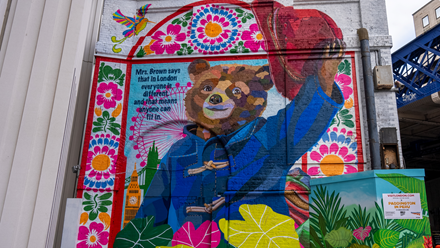 Head to Paddington's vibrant London mural on Sutton Walk outside Waterloo station. Credit: Peter Cohen/London & Partners. Image courtesy of London & Partners.