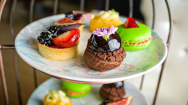 Chelsea Harbour Hotel's colourful afternoon tea cakes displayed on a white plate, featuring mini chocolate cakes, fruit tortes and green pistachio macarons.
