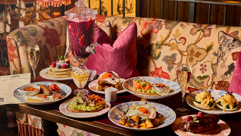 Enjoy a lively bottomless brunch at Mr Fogg's City Tavern. Credit: Tim Atkins. Image courtesy of Mr Fogg's City Tavern. A spread of brunch dishes including eggs benedict, full english, pancakes, eggs royale, chicken and waffles, punch and prosecco