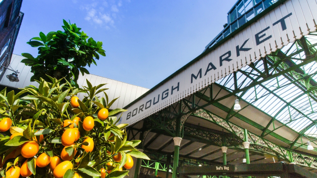 A leafy orange tree stands in front of Borough Market with clear skies in the background. 