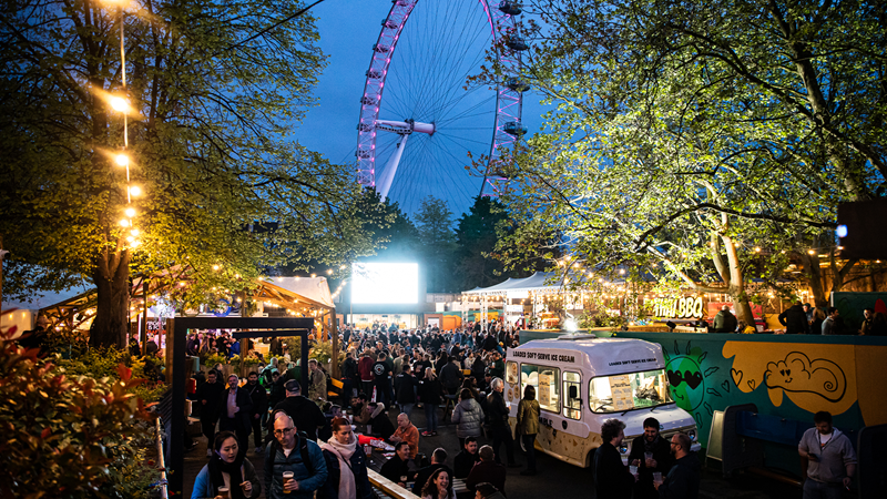 Visit the UK's largest and most diverse craft drinks festival. Credit: BREW//LDN. Image courtesy of BREW//LDN. Crowds of people enjoy drinks and street food at Southbank