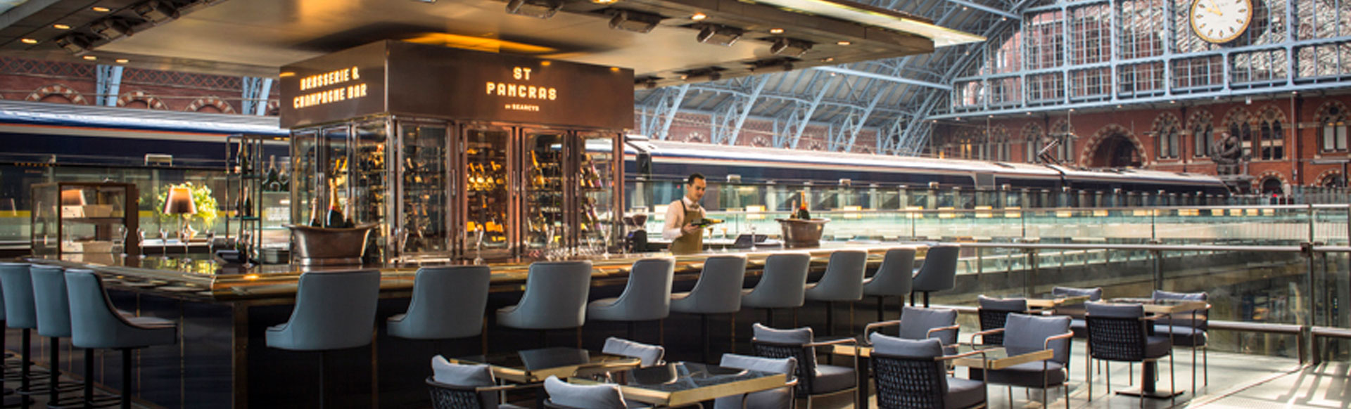 A view of St Pancras Champagne Bar by Searcys on the concourse of St Pancras International Station.