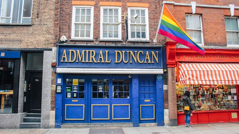 Admiral Duncan on Old Compton Street is a must-visit if you're in the area. Credit: Shutterstock. Image courtesy of Shutterstock. Front of Admiral Duncan pub on Old Compton Street.