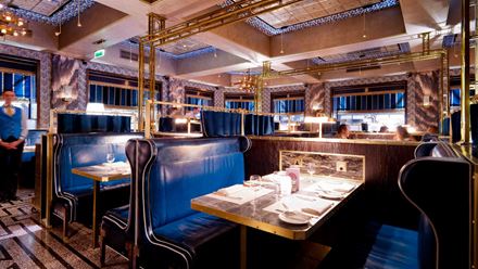 One of the blue booths at Bob Bob Ricard. Image courtesy of Bob Bob Ricard.