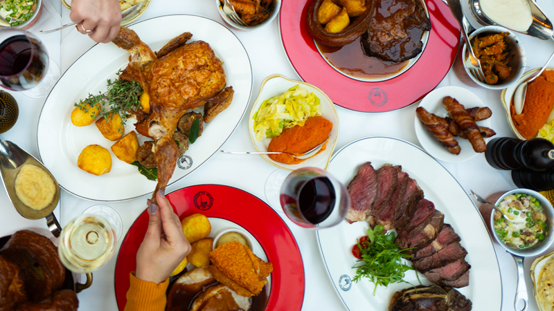 Boisdale Canary Wharf roast. Credit: Courtney Orr. Image courtesy of Boisdale. A roast dinner spread at Boisdale Canary Wharf