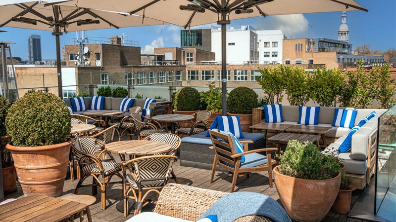 Soak in views of east London from Boundary Rooftop, Shoreditch. Credit: Elle Pickering. Image courtesy of Boundary Shoreditch. Outdoor seating at Boundary Rooftop.