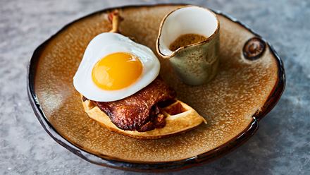 The signature duck & waffle. Credit: Steven Joyce. Image courtesy of Duck & Waffle.