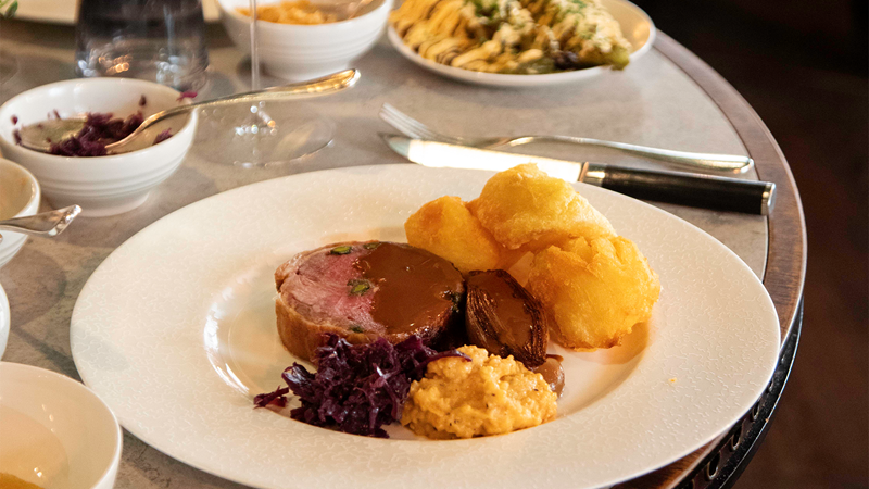Sunday lunch at Kerridge's Bar & Grill. Credit: Kerridge's Bar & Grill. Image courtesy of Kerridge's Bar & Grill. A plate with roast beef and vegetables at Kerridge's Bar & Grill