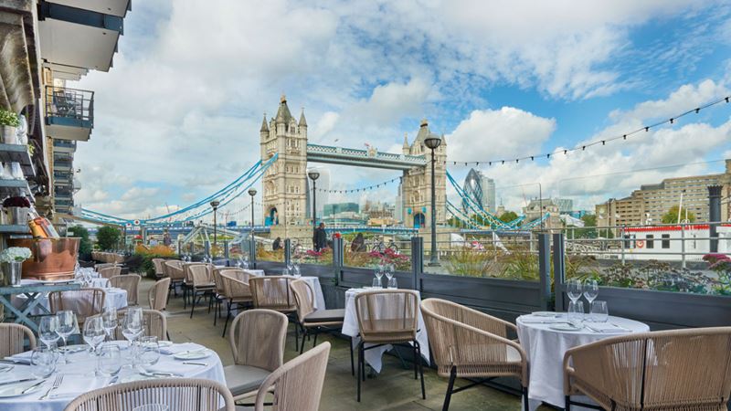 Enjoy unrivalled views of Tower Bridge at Le Pont de la Tour. Credit: Le Pont de la Tour. Image courtesy of Le Pont de la Tour. Views of Tower Bridge at Le Pont de la Tour.