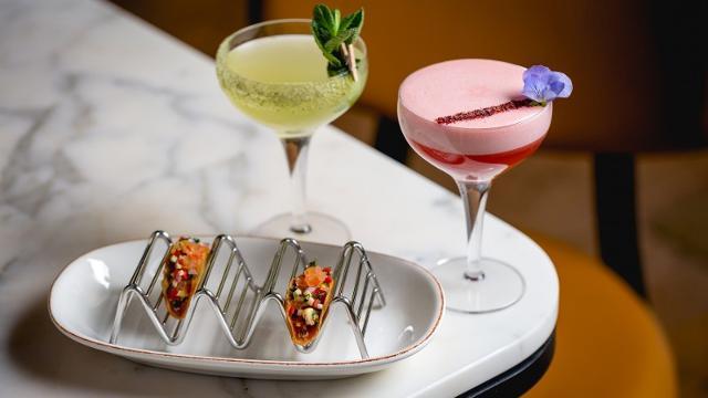 Enjoy divine tacos and delicious margarita cocktails. Image courtesy of Leicester Square Kitchen. Tacos and margarita cocktails at Leicester Square Kitchen.