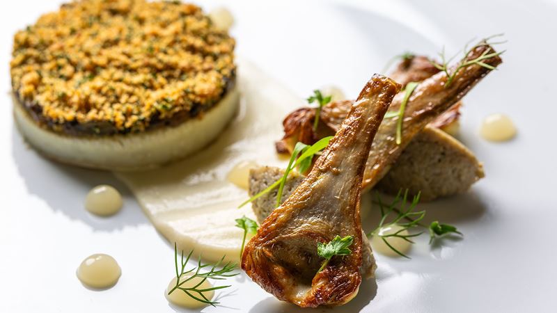 Have a luncheon at Dinner by Heston Blumenthal, a Michelin restaurant revisiting history with a modern twist. Credit: The Fat Duck. Image courtesy of The Fat Duck. Main dish festuring on the main menu at Heston Blumenthal: Forced artichoke with mushroom and cauliflower parfait.