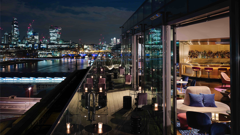 Enjoy views of the river Thames and beyond from 12th Knot. Credit: 12th Knot. Image courtesy of 12th Knot. Outdoor terrace of 12th Knot, the rooftop bar at Sea Containers London