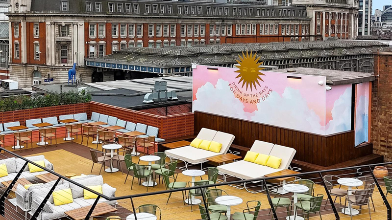 Head to north London for a Mediterranean rooftop experience at Circes. Credit: Circes. Image courtesy of Circes. An aerial shot of the rooftop terrace at Circes
