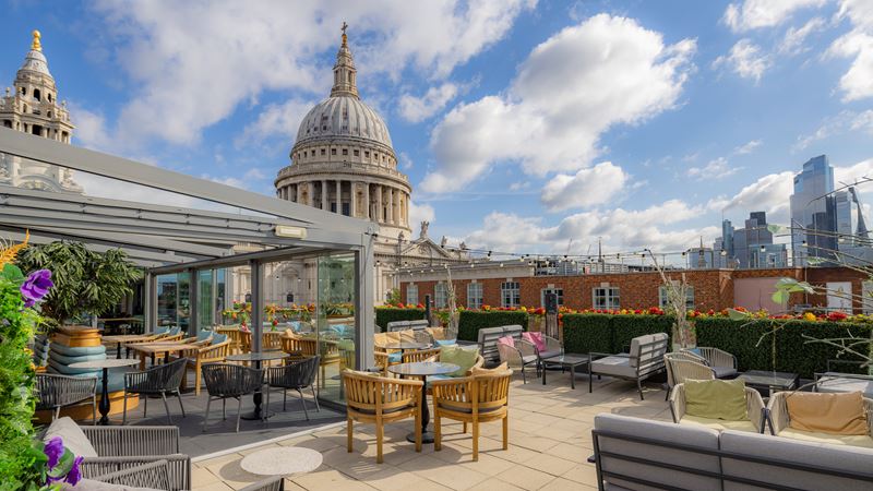 Unwind at Sabine Rooftop Bar in St Paul's. Credit: Justin De Souza. Image courtesy of Justin De Souza. The Sabine Rooftop Bar terrace with views of St Paul's Cathedral
