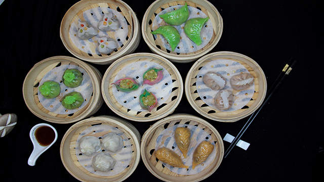 A selection of vegan dim sums are disposed on a table at the restaurant Tofu Vegan in London