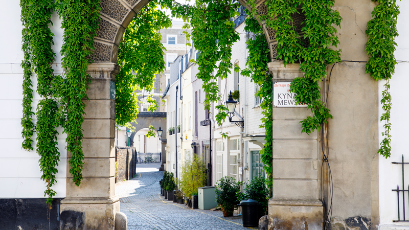 A green plant hangs down over the Kynance Mews street sign in Chelsea on a stone archway entrance with a view of the pebble floor and houses through the arch