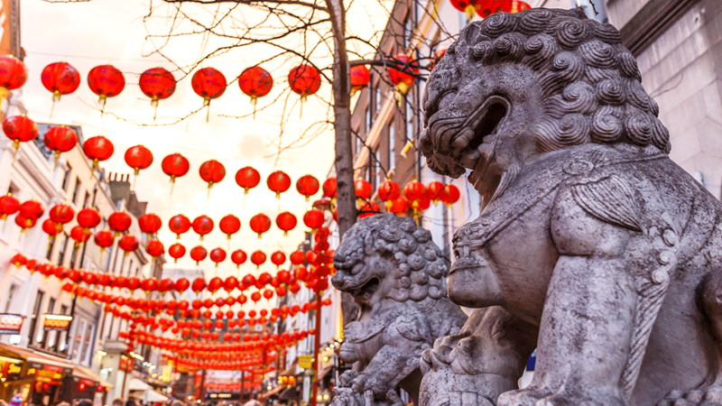 Stone lions and lanterns in London's Chinatown
