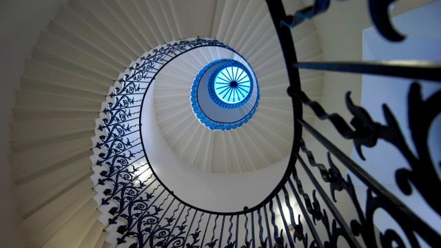 White Tulip Stairs at the Queen's House with black fencing.