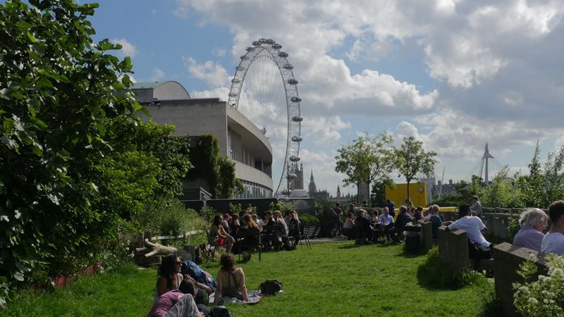 Queen Elizabeth Hall Roof Garden and the London Eye © visitlondon.com People relaxing on the grass on a bright day at Queen Elizabeth Hall Roof Garden, with the London Eye in the background.