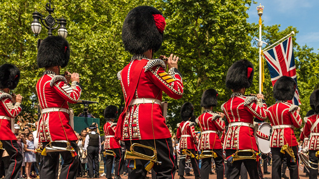 Military parade of troops from the Household Division honouring the Queen's official birthday during Trooping the Colour in London.