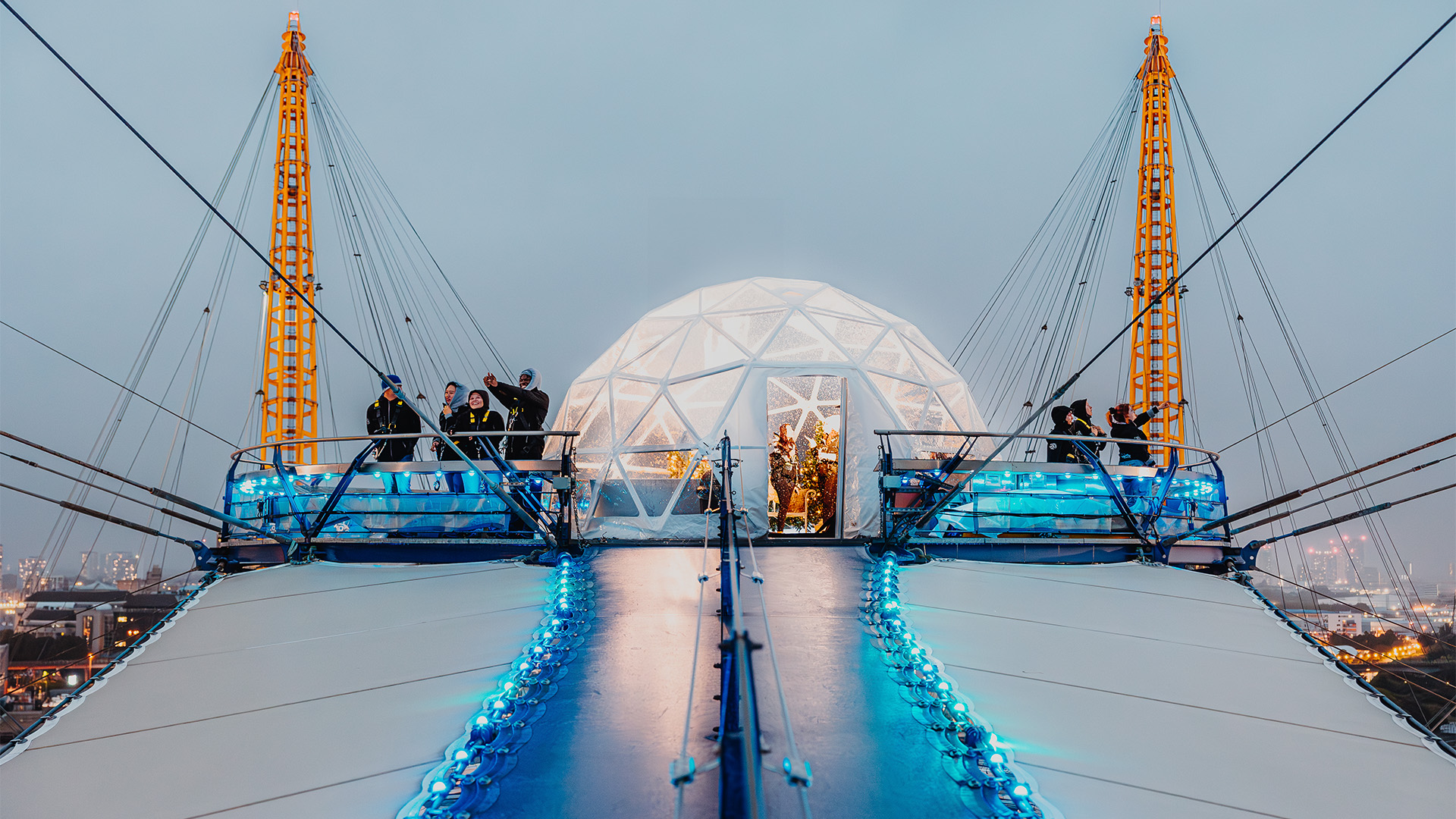 Up at The O2: Snow Globe Climb experience. Image courtesy of The O2/Luke Dyson. The UK's highest snow globe crowns The O2 arena