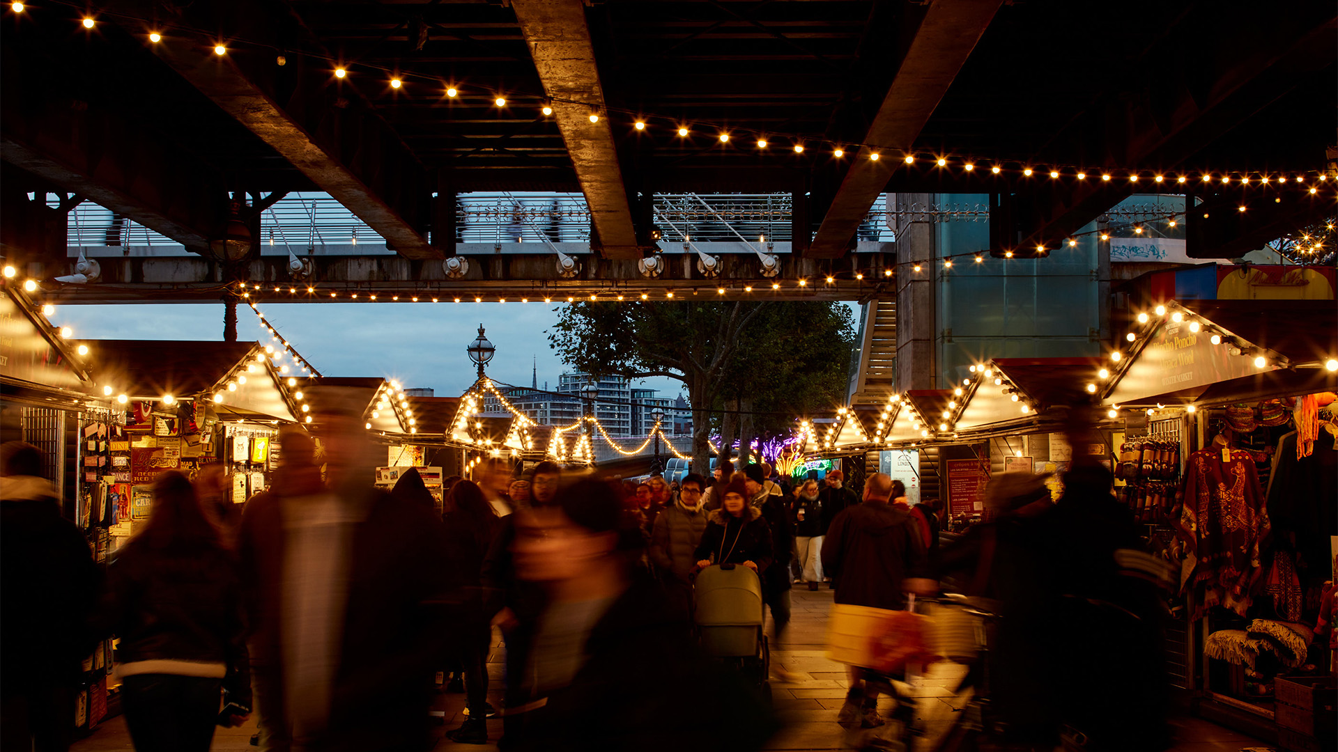 Southbank Centre Winter Market. Image courtesy of Southbank Centre. Chalet-style cabins and twinkling fairy lights at Southbank Centre's Winter Market