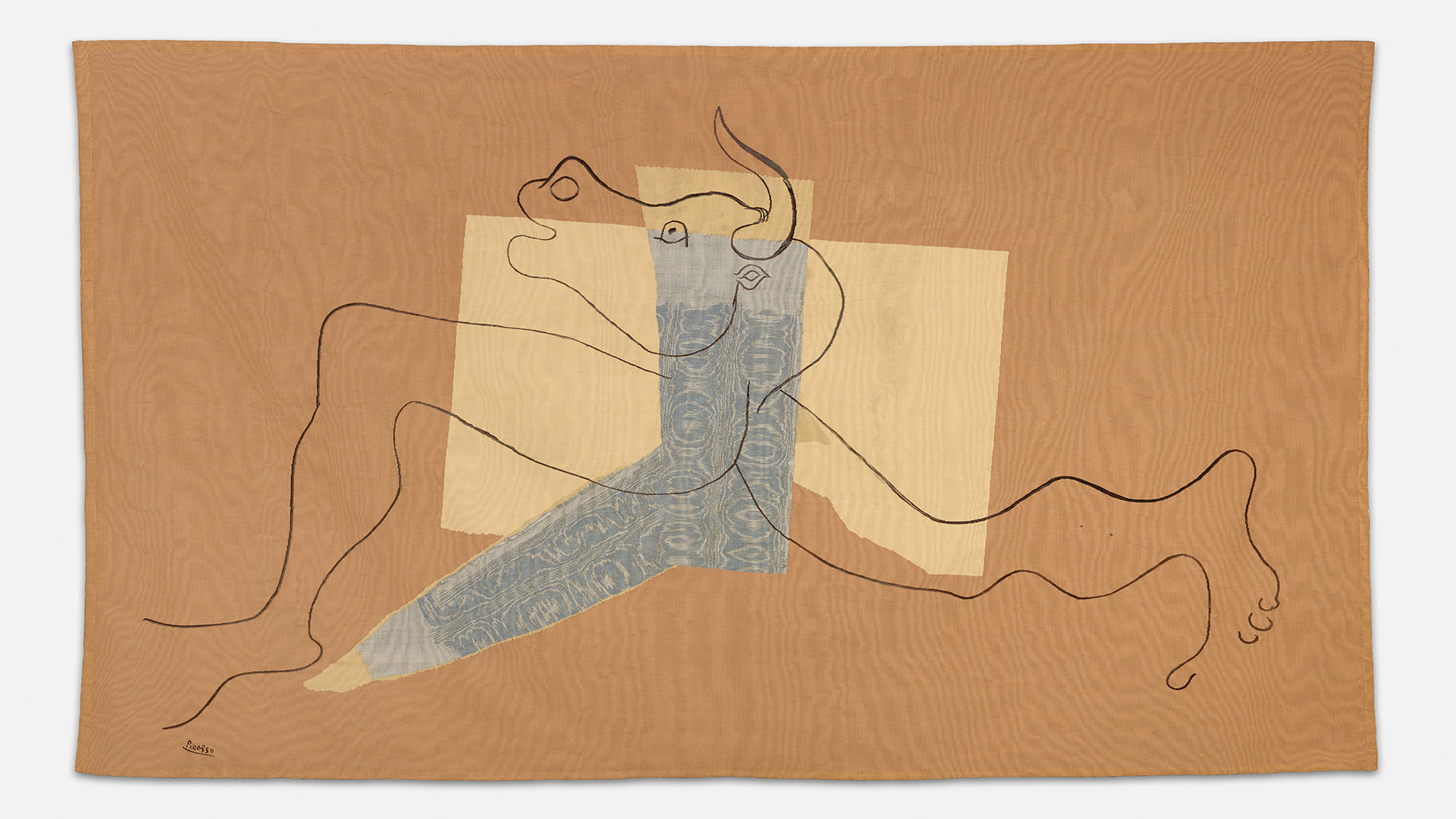 Tapestry Le Minotaure 1935, made after a work by Pablo Picasso dated 1928. Donated by Marie Cuttoli in 1950 Musée Picasso, Antibes. Image courtesy of Tate/François Fernandez © Succession Picasso/DACS, London 2025. Tapestry Le Minotaure 1935, made after a work by Pablo Picasso dated 1928