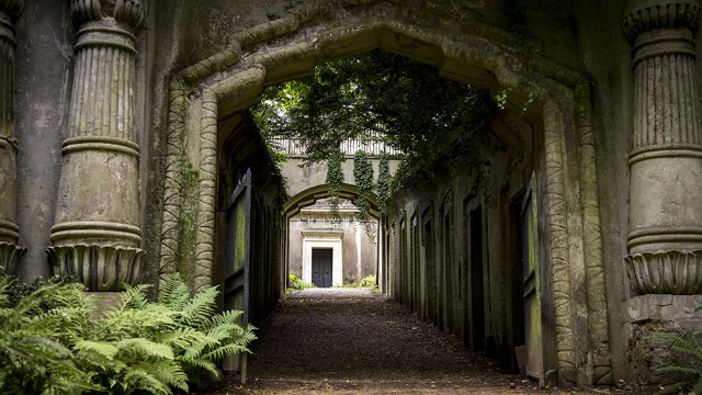 Ornate entrance to the Egyptian Avenue at Highgate Cemetery, London