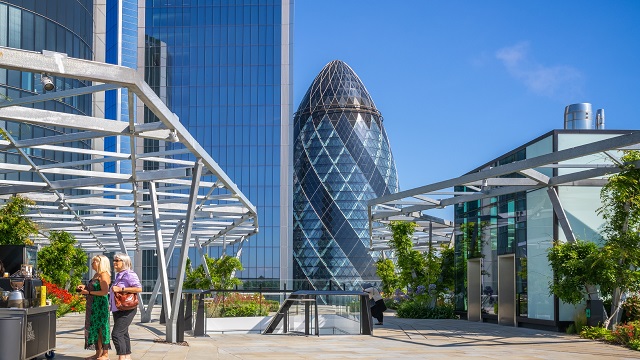 large rooftop garden overlooking the Gherkin in the background, with a bright blue sky backdrop