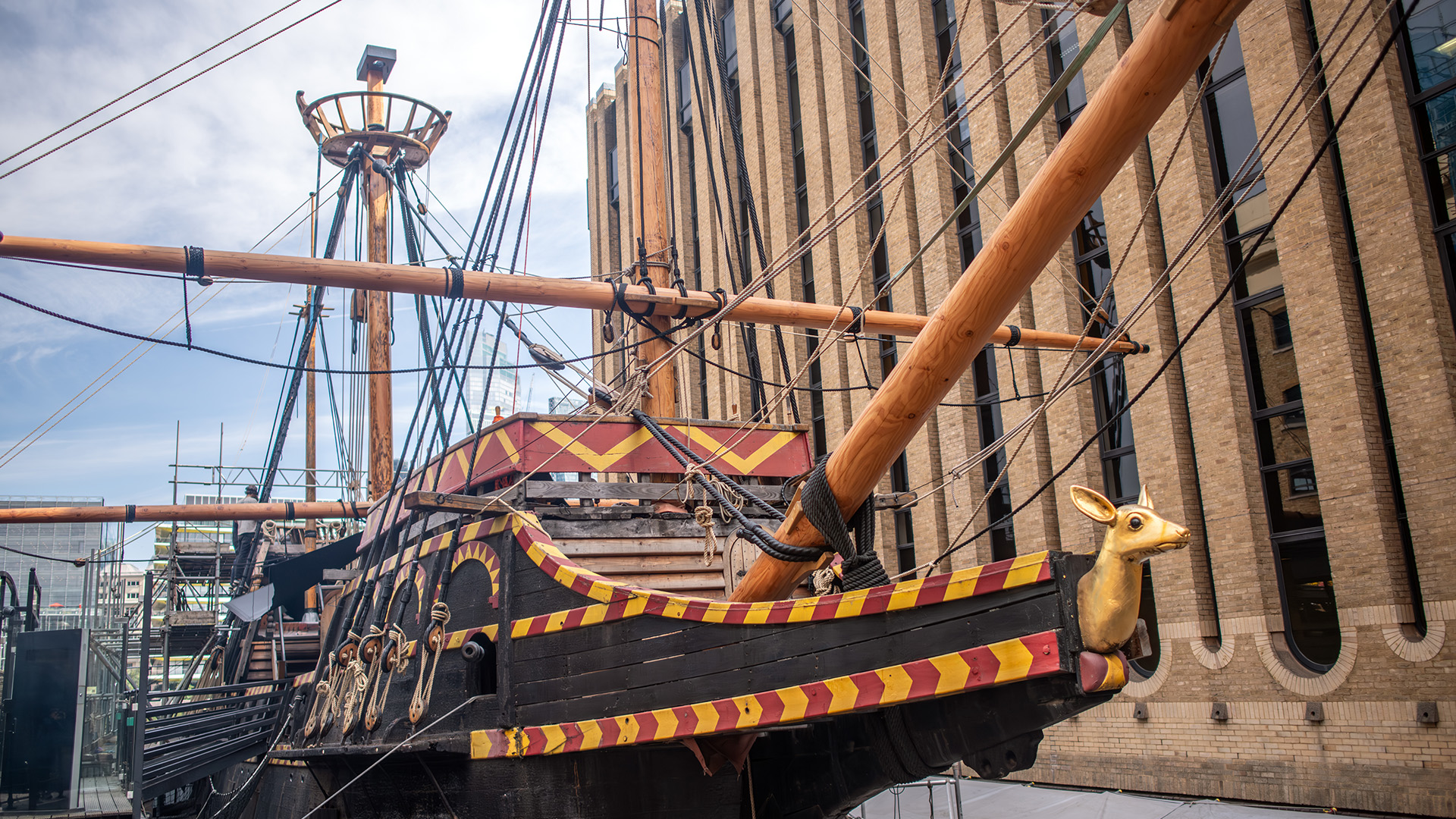 See The Golden Hinde in all its glory. London & Partners/Michael Barrow A black, red and yellow ship sits against a city backdrop.