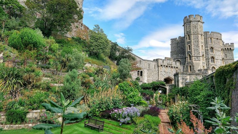 Trees and gardens with a wooden bench at Windsor Castle, with the castle and blue sky in the background.