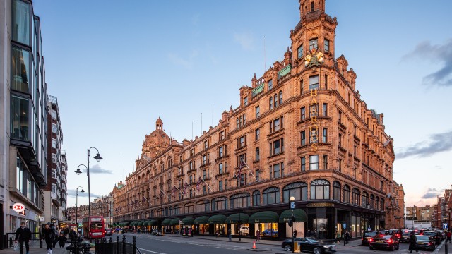 Harrods. ©Jon Reid/visitlondon.com. The redbrick exterior of Harrods, a luxury department store in Knightsbridge, London.