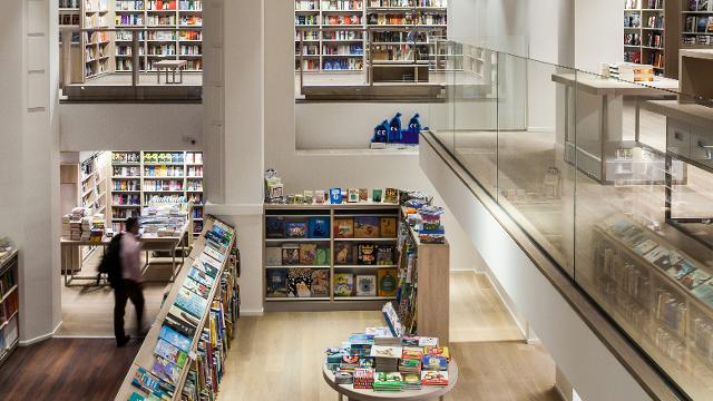 Bookshelves inside Foyles Charing Cross Road. 