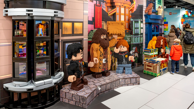 Unleash your creativity with sets to suit any age and taste at the Lego store in Leicester Square. Credit: Shutterstock. Image courtesy of Shutterstock. A display in the Lego store made entirely from Lego featuring Harry Potter, Hagrid and Ron Weasley with a background of the settings from the films
