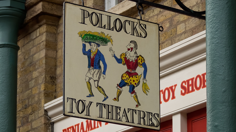 Look for one-of-a-kind toys and gifts at Benjamin Pollock's Toyshop in the Covent Garden Market. Credit: Shutterstock. Image courtesy of Shutterstock. The old fashioned sign hanging outside the Benjamin Pollock Toyshop in Camden's covered market that reads "Pollock's Toy Theatres"